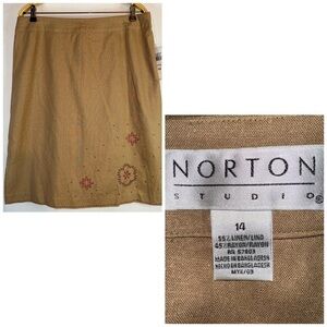 Norton Studio Skirt Women's 14 Tan Mykonos Linen Blend Embroidered Cognac A-Line
